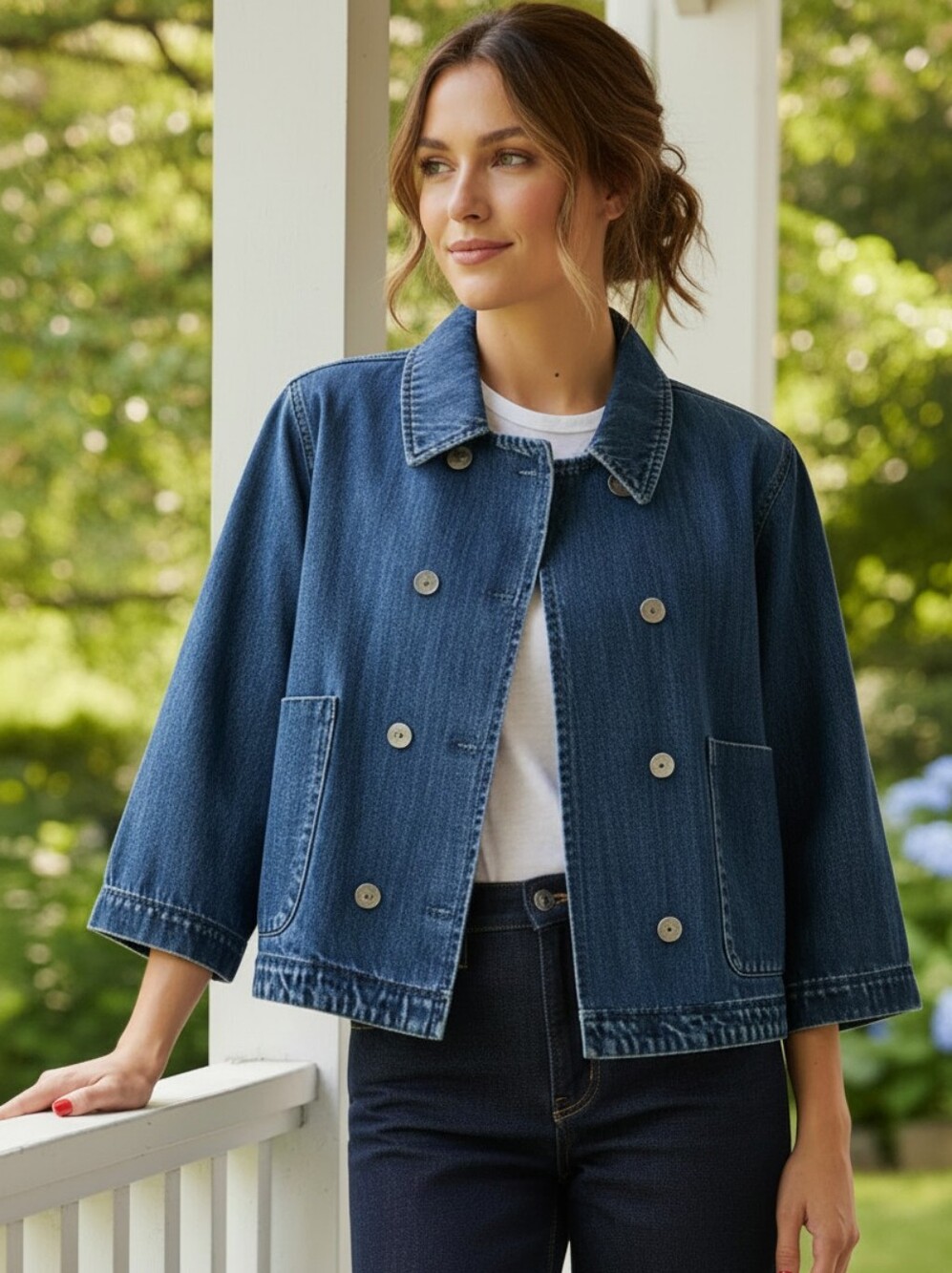 Risen Double-Breasted Cotton Boxy Boyfriend Fit Cropped Baggy Denim Jean Jacket